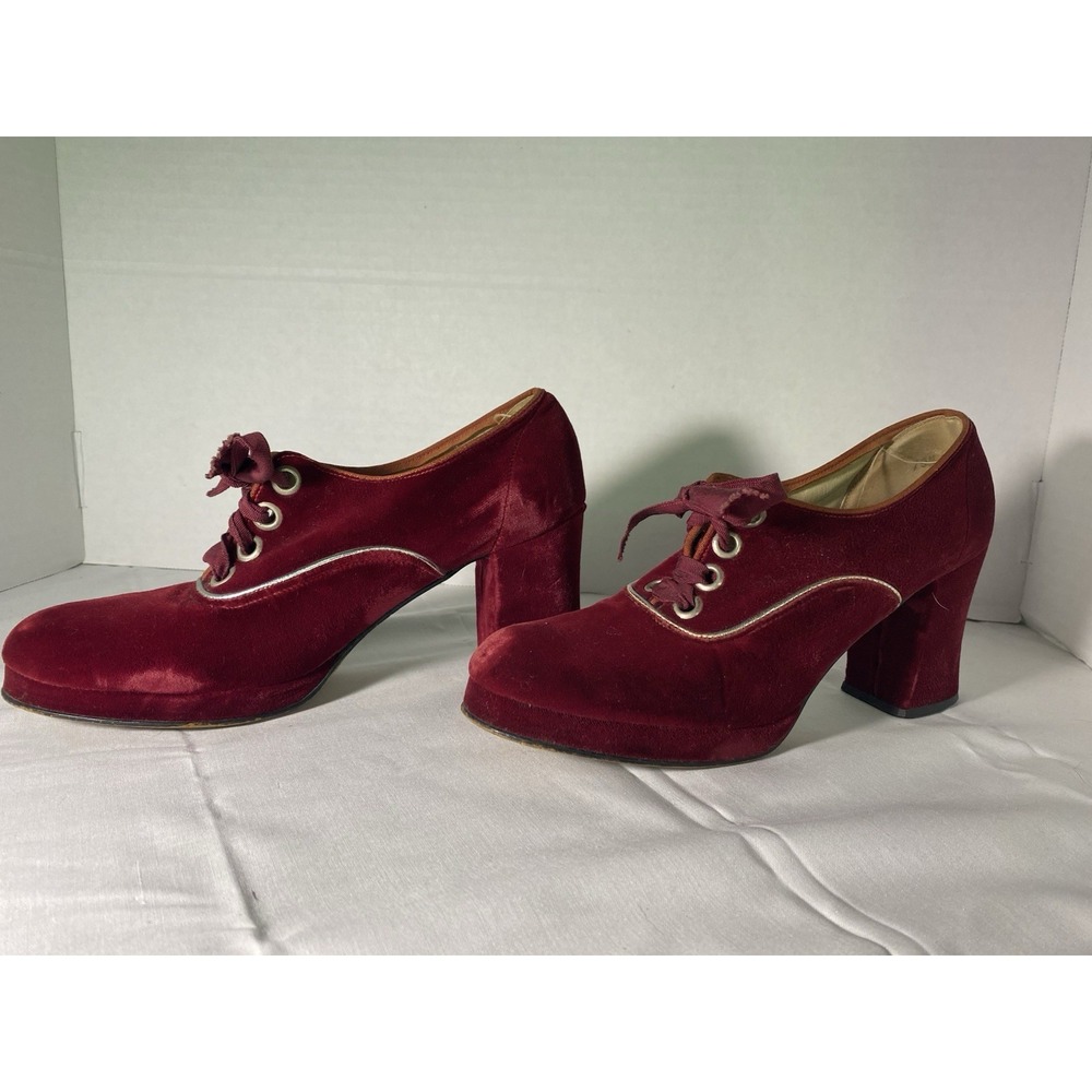 Vintage 1970's Retro Connie Red Wine Velvet Lace-up Size 7 Platform Heels Shoes